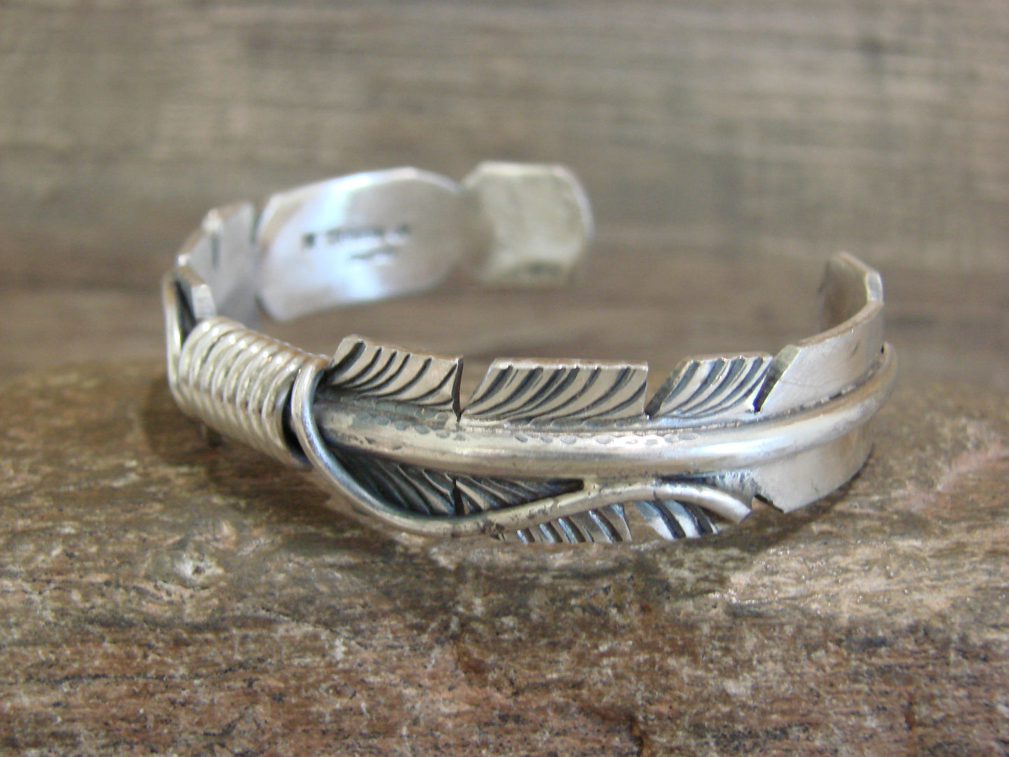 Native American Sterling Silver 1/2" Feather Bracelet Cuff Signed M. Thomas Jr.