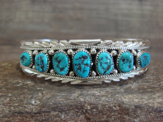 Native American Sterling Silver & Turquoise Row Bracelet by White Goat