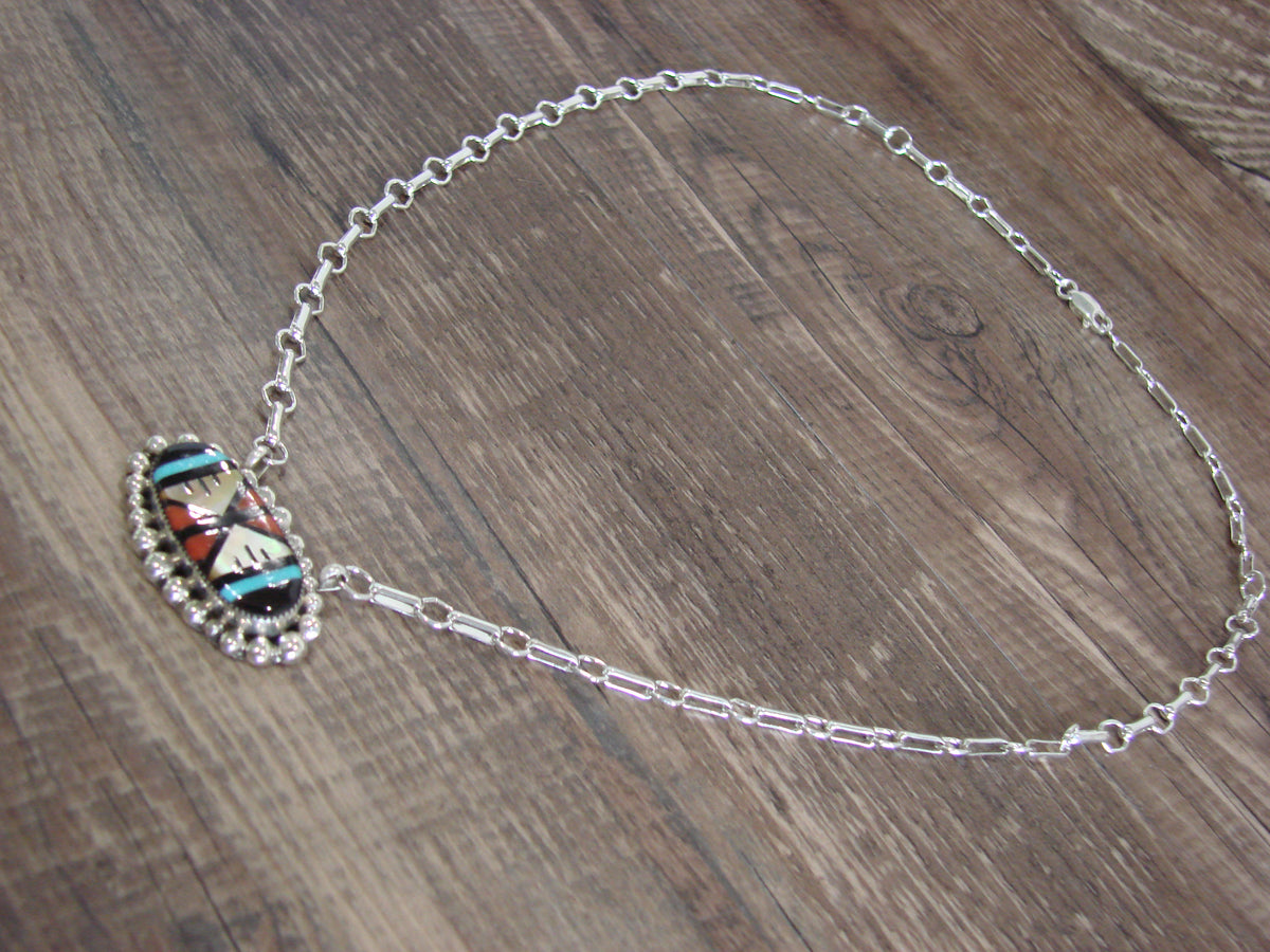Native American Sterling Silver Multi Stone Inlay Link Necklace - Qualo