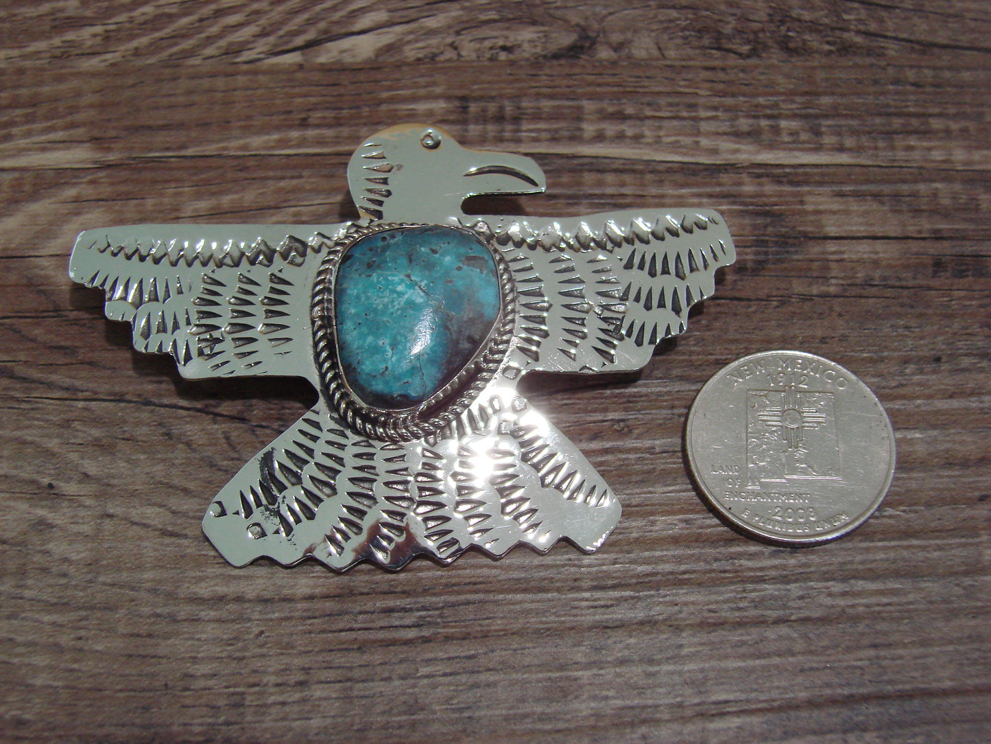 Navajo Indian Nickel Silver & Turquoise Thunderbird Pendant - Cleveland