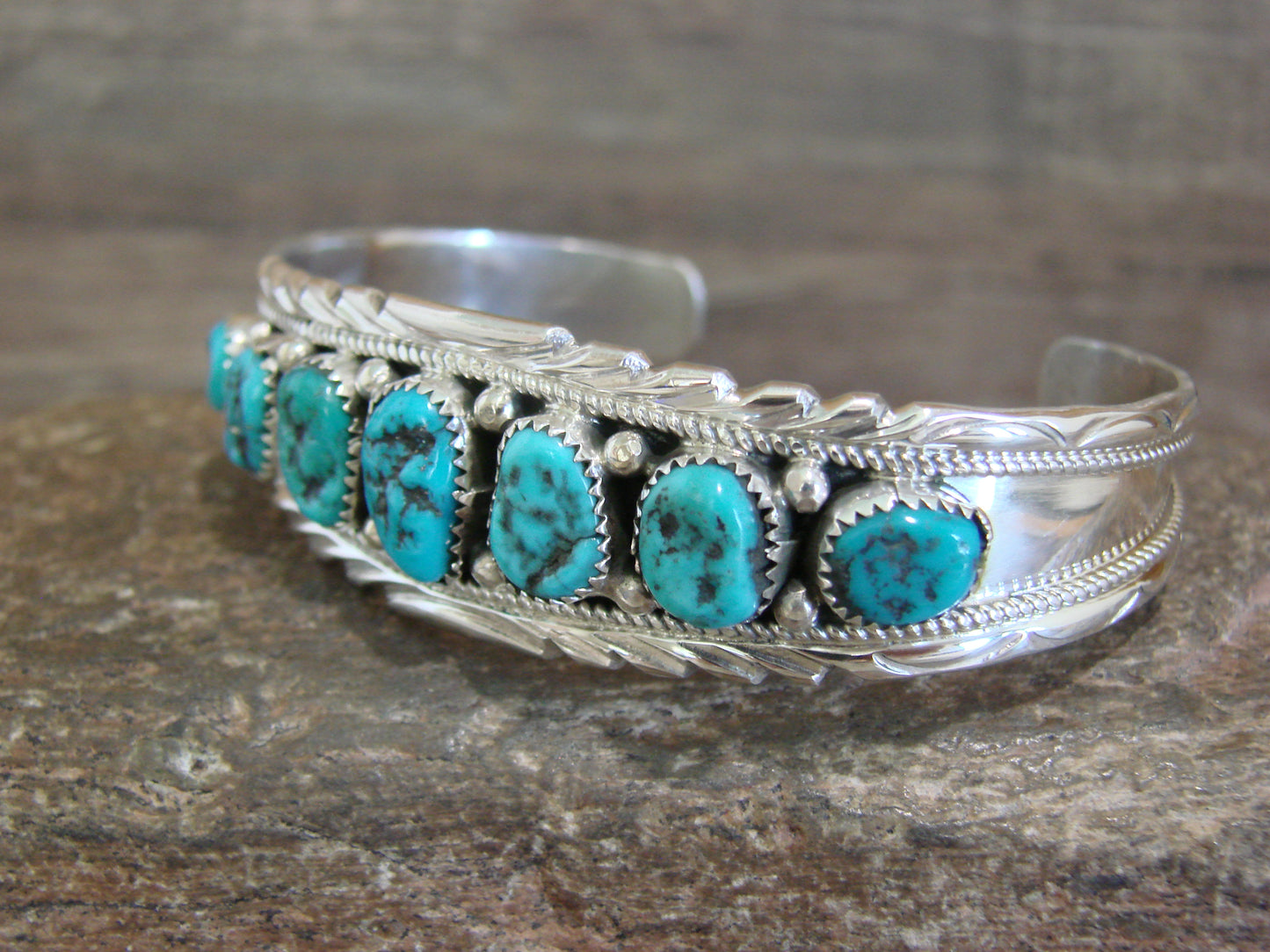 Native American Sterling Silver & Turquoise Row Bracelet by White Goat