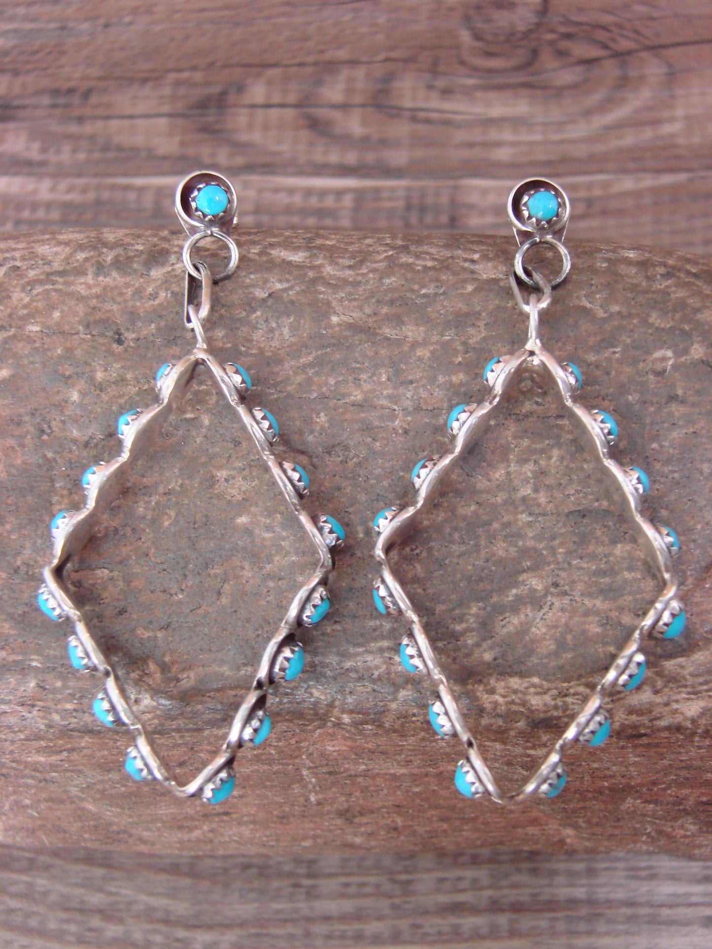 Native American Sterling Silver & Turquoise Post Dangle Earrings - Lonasee