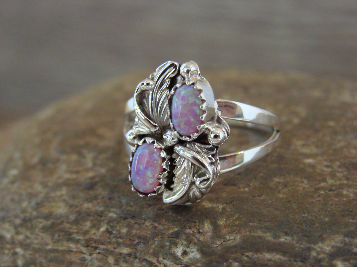 Native American Sterling Silver Pink Opal Feather Ring - Chiquito - Size 7.5