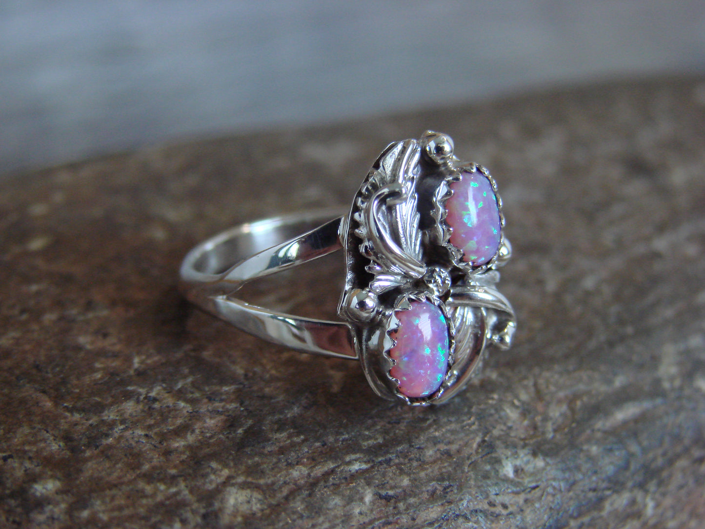 Native American Sterling Silver Pink Opal Feather Ring - Chiquito - Size 7.5