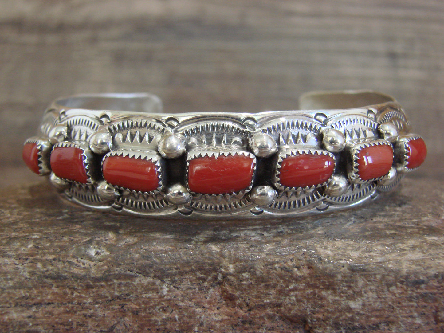 Native American Sterling Silver & Coral Row Bracelet by GS