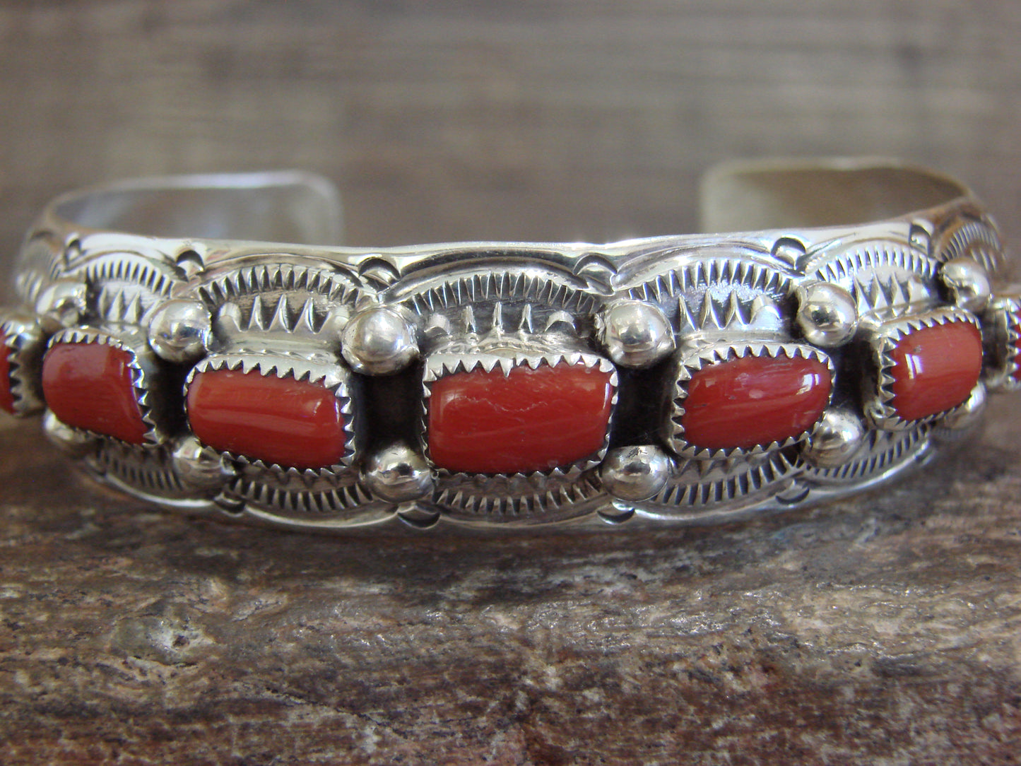 Native American Sterling Silver & Coral Row Bracelet by GS