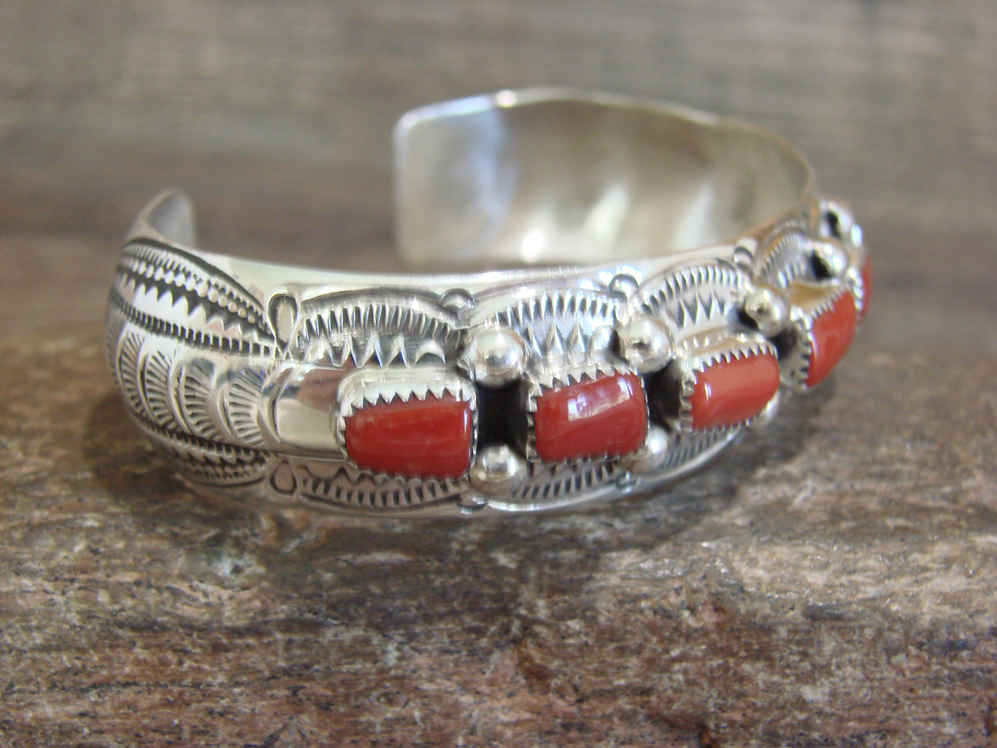 Native American Sterling Silver & Coral Row Bracelet by GS