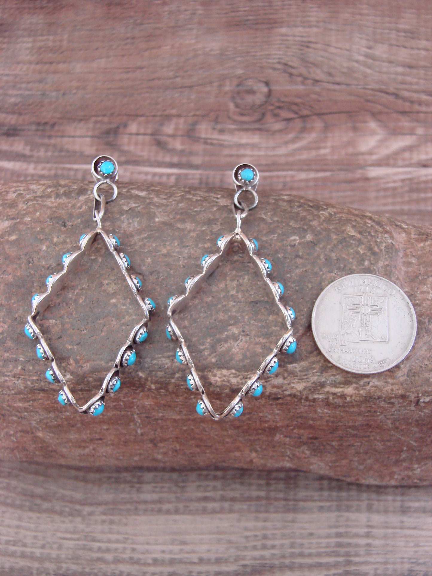 Native American Sterling Silver & Turquoise Post Dangle Earrings - Lonasee
