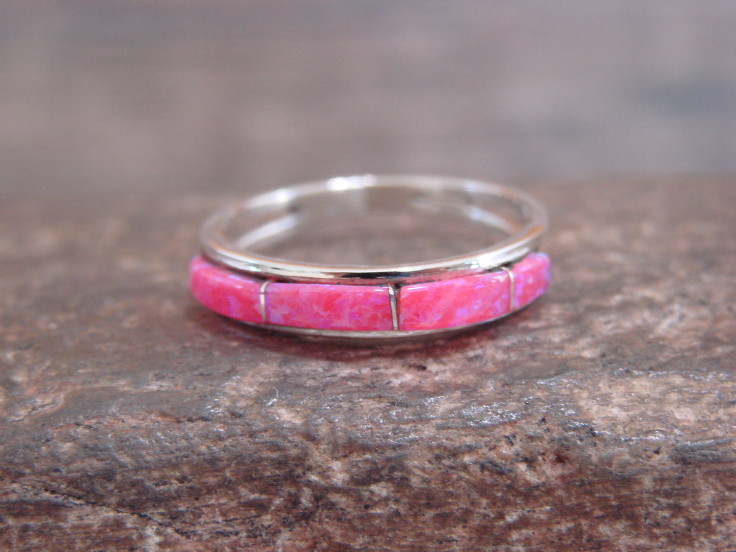 Native American Sterling Silver Pink Opal Inlay Ring by Johnson - Size 9.5