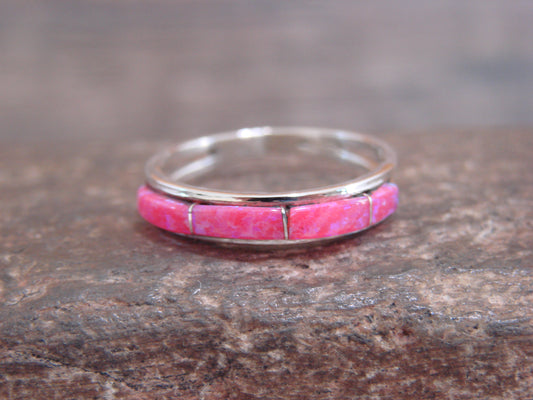 Native American Sterling Silver Pink Opal Inlay Ring by Johnson - Size 9.5