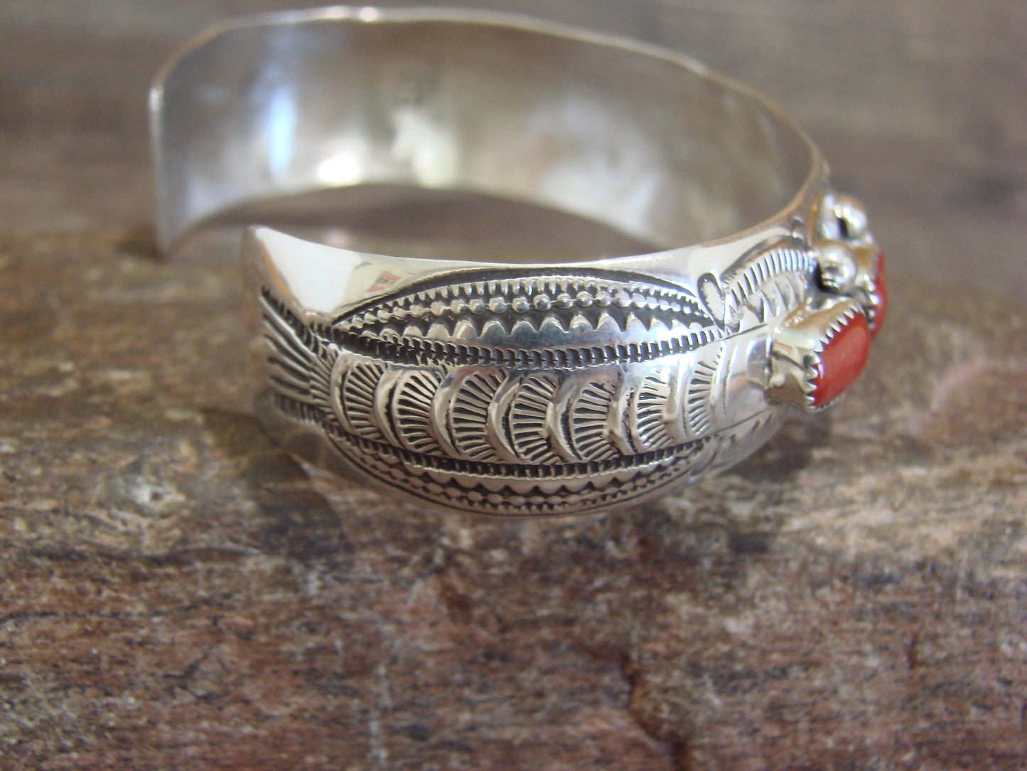 Native American Sterling Silver & Coral Row Bracelet by GS