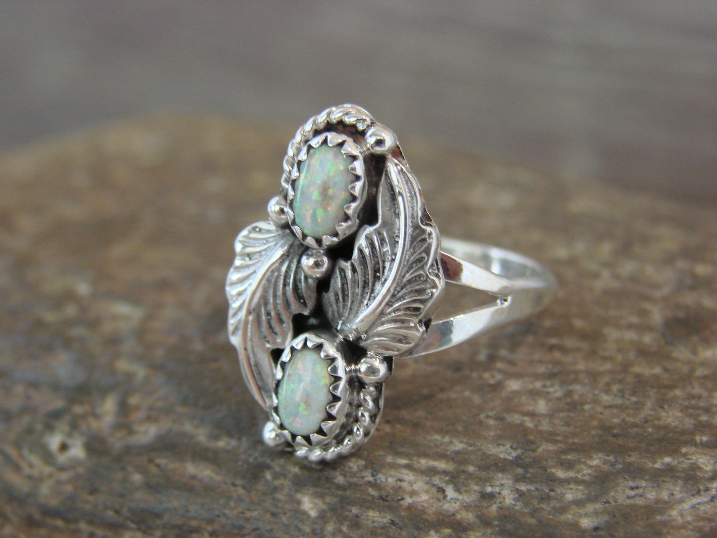 Native American Sterling Silver White Opal Feather Ring - Henio - Size 9