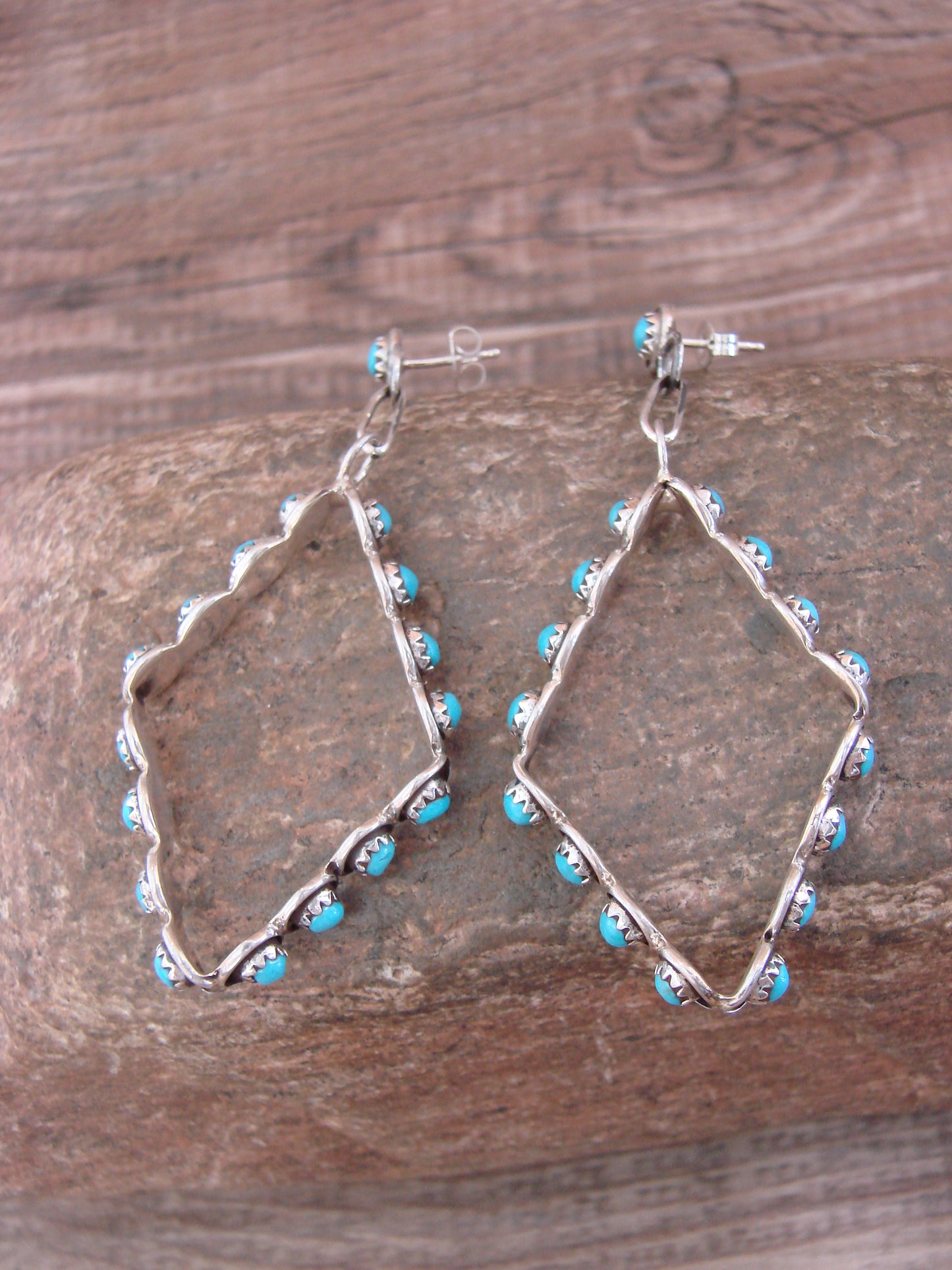 Native American Sterling Silver & Turquoise Post Dangle Earrings - Lonasee