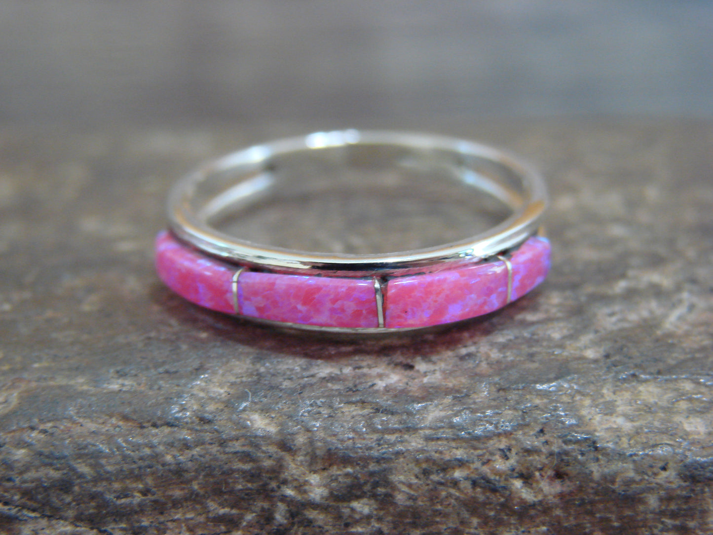 Native American Sterling Silver Pink Opal Inlay Ring by Johnson - Size 9.5