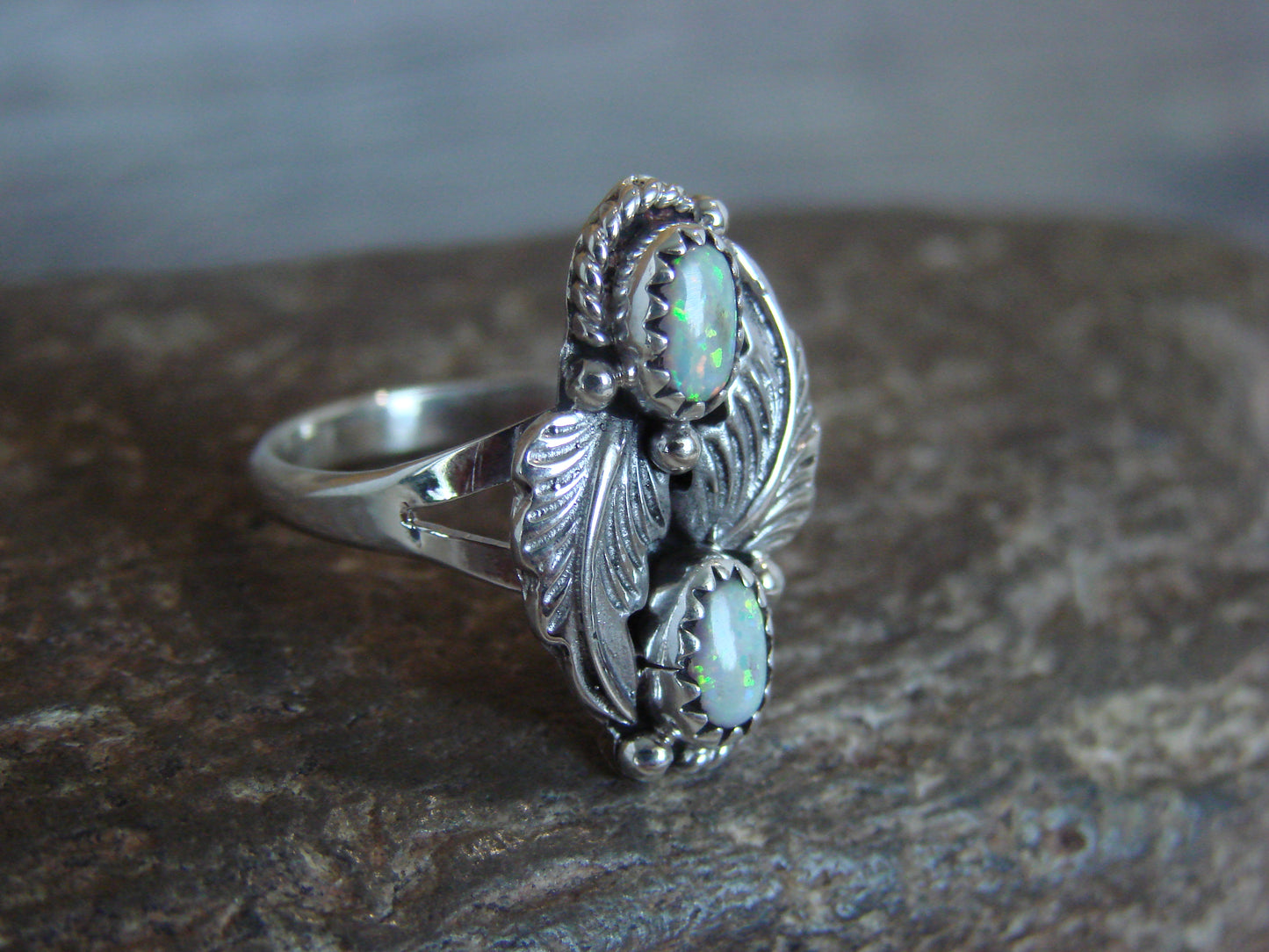 Native American Sterling Silver White Opal Feather Ring - Henio - Size 9