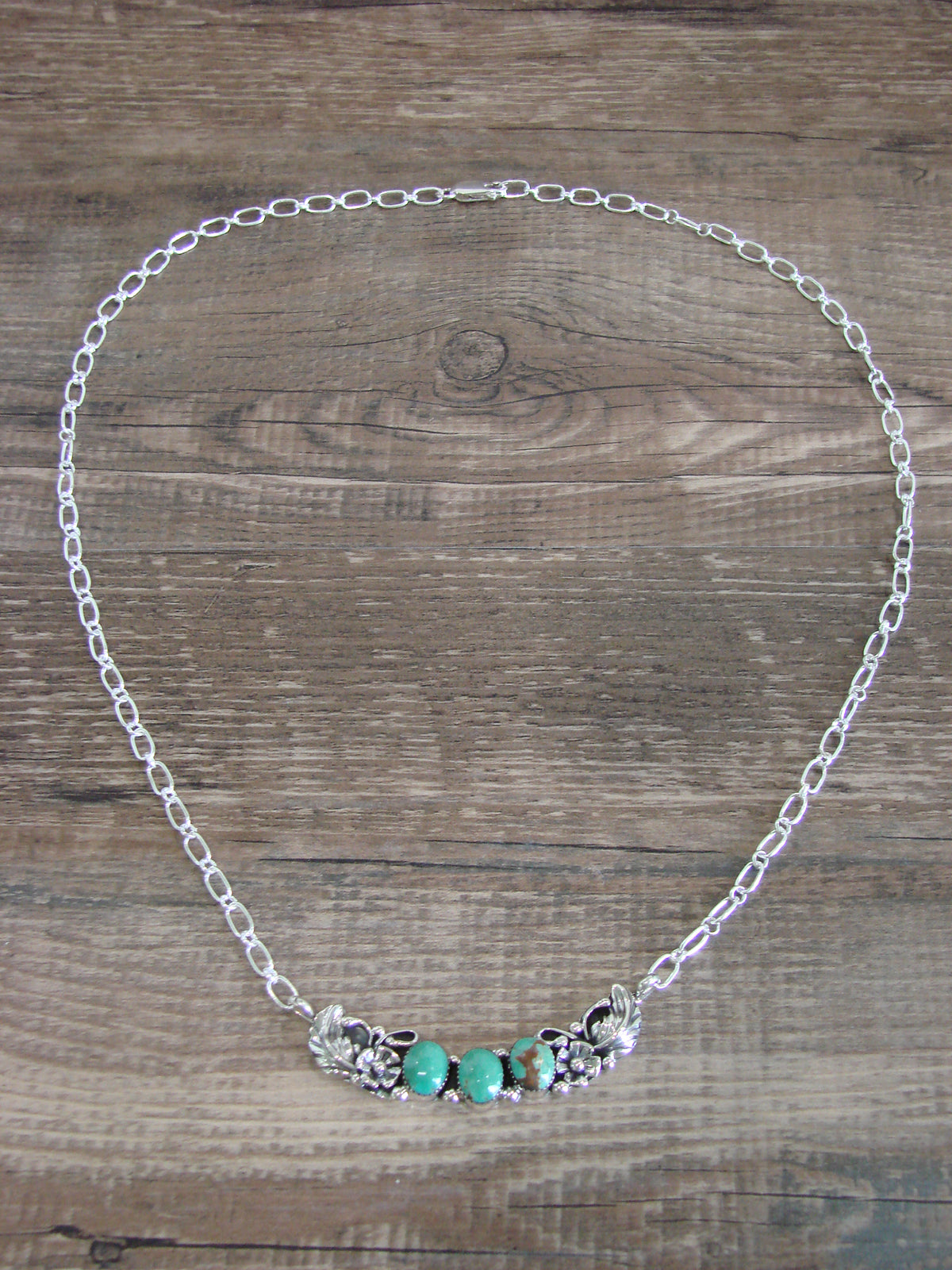 Native American Sterling Silver & Turquoise Floral Link Necklace - Burnside