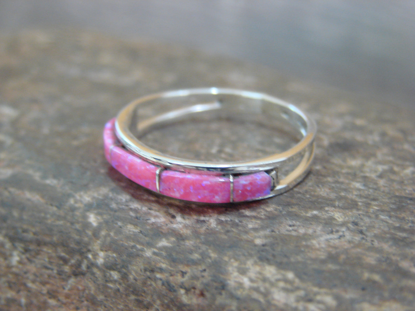 Native American Sterling Silver Pink Opal Inlay Ring by Johnson - Size 9.5