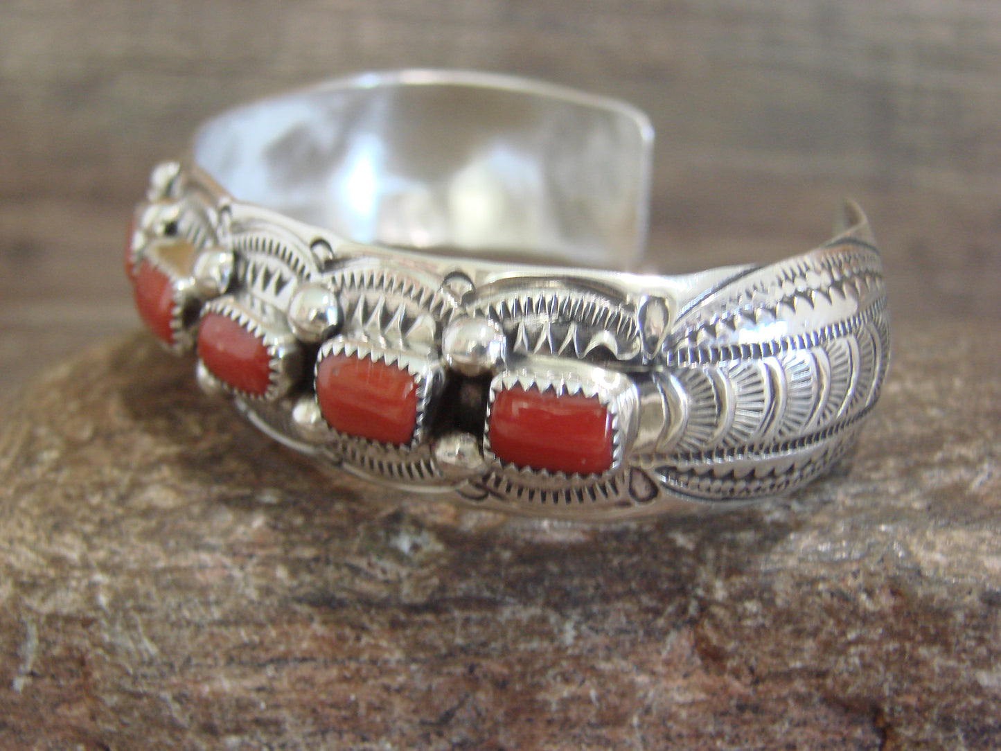 Native American Sterling Silver & Coral Row Bracelet by GS