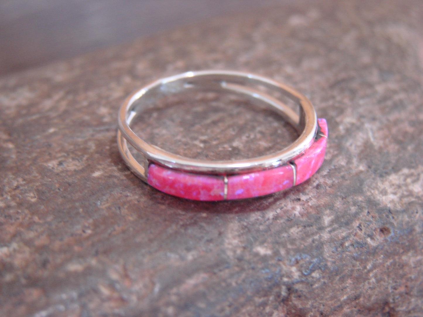 Native American Sterling Silver Pink Opal Inlay Ring by Johnson - Size 9.5