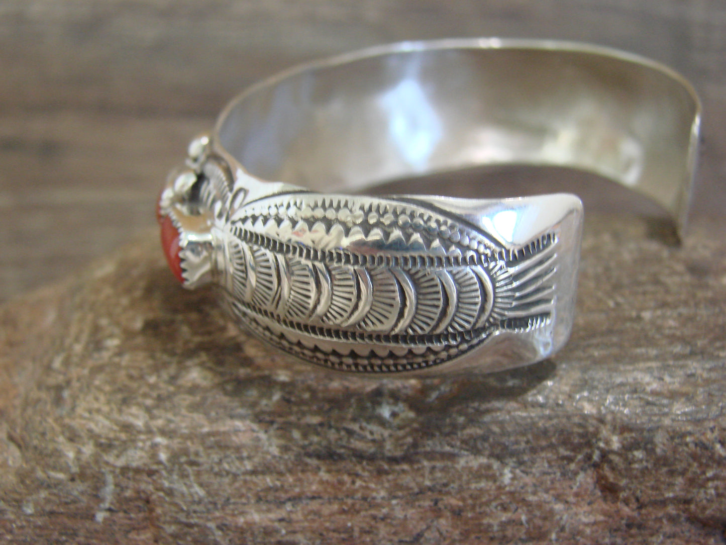 Native American Sterling Silver & Coral Row Bracelet by GS