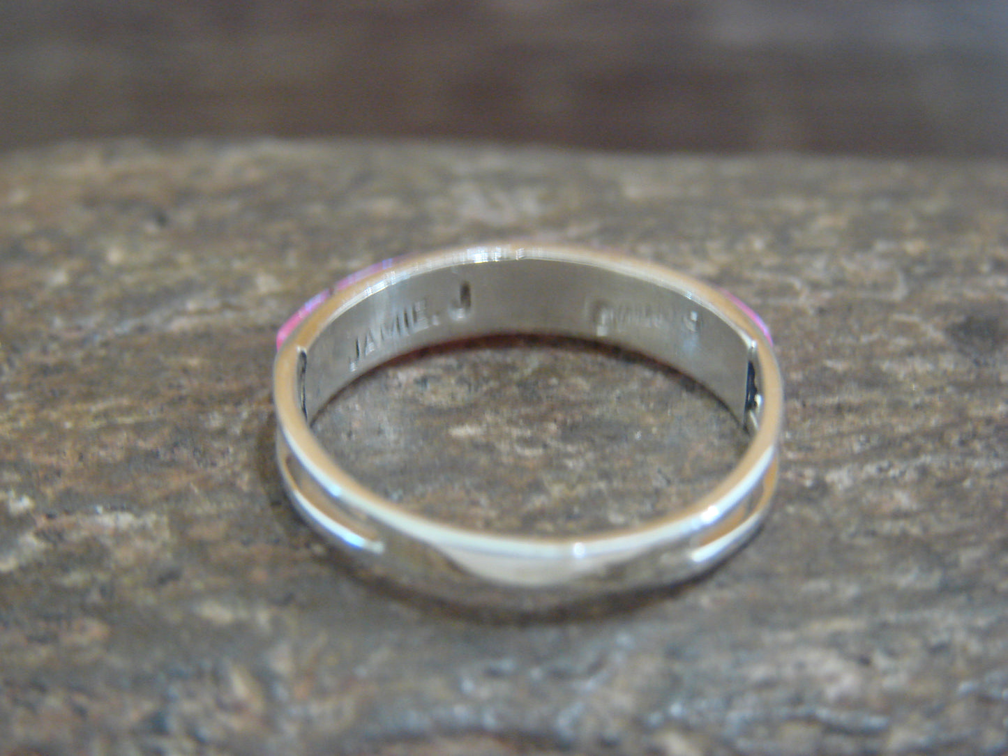 Native American Sterling Silver Pink Opal Inlay Ring by Johnson - Size 9.5