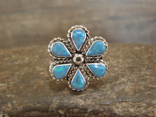 Native American Sterling Silver Blue Opal Inlay Cluster Ring - Dosedo - Size 6