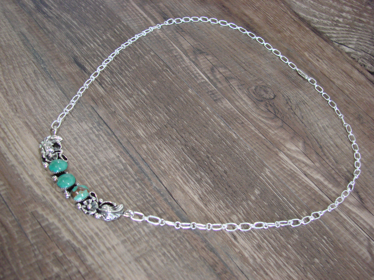 Native American Sterling Silver & Turquoise Floral Link Necklace - Burnside