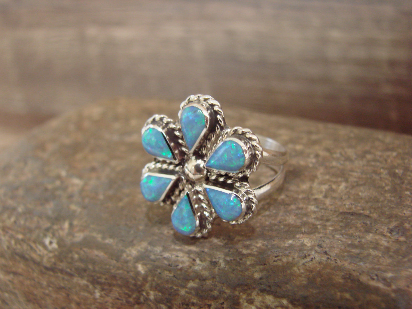 Native American Sterling Silver Blue Opal Inlay Cluster Ring - Dosedo - Size 6