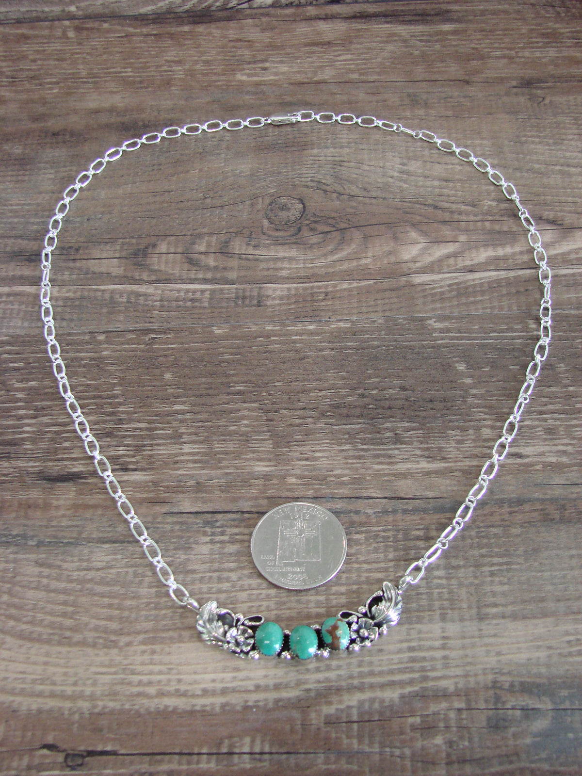 Native American Sterling Silver & Turquoise Floral Link Necklace - Burnside