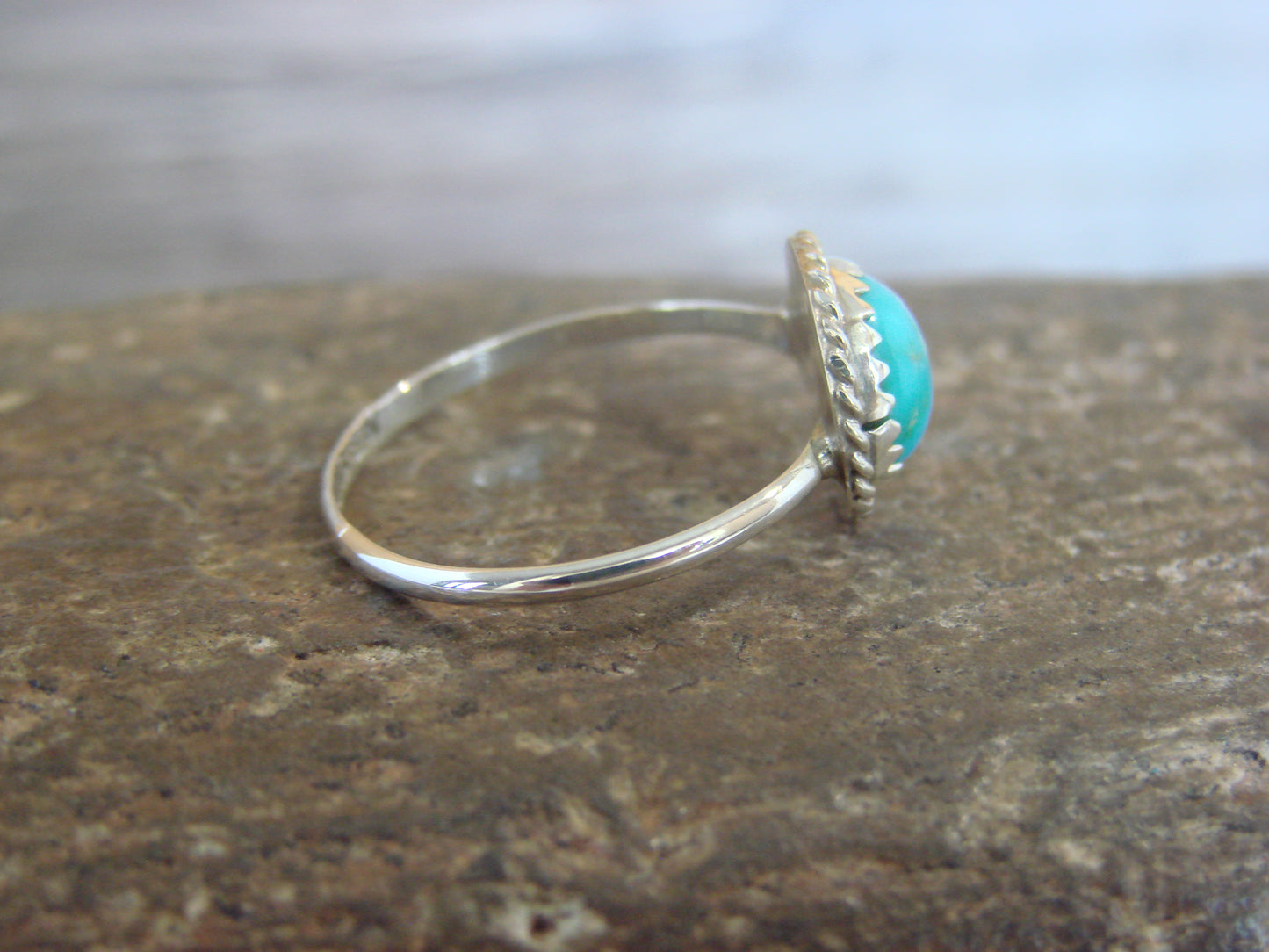 Native American Sterling Silver Round Turquoise Ring by White- Size 8