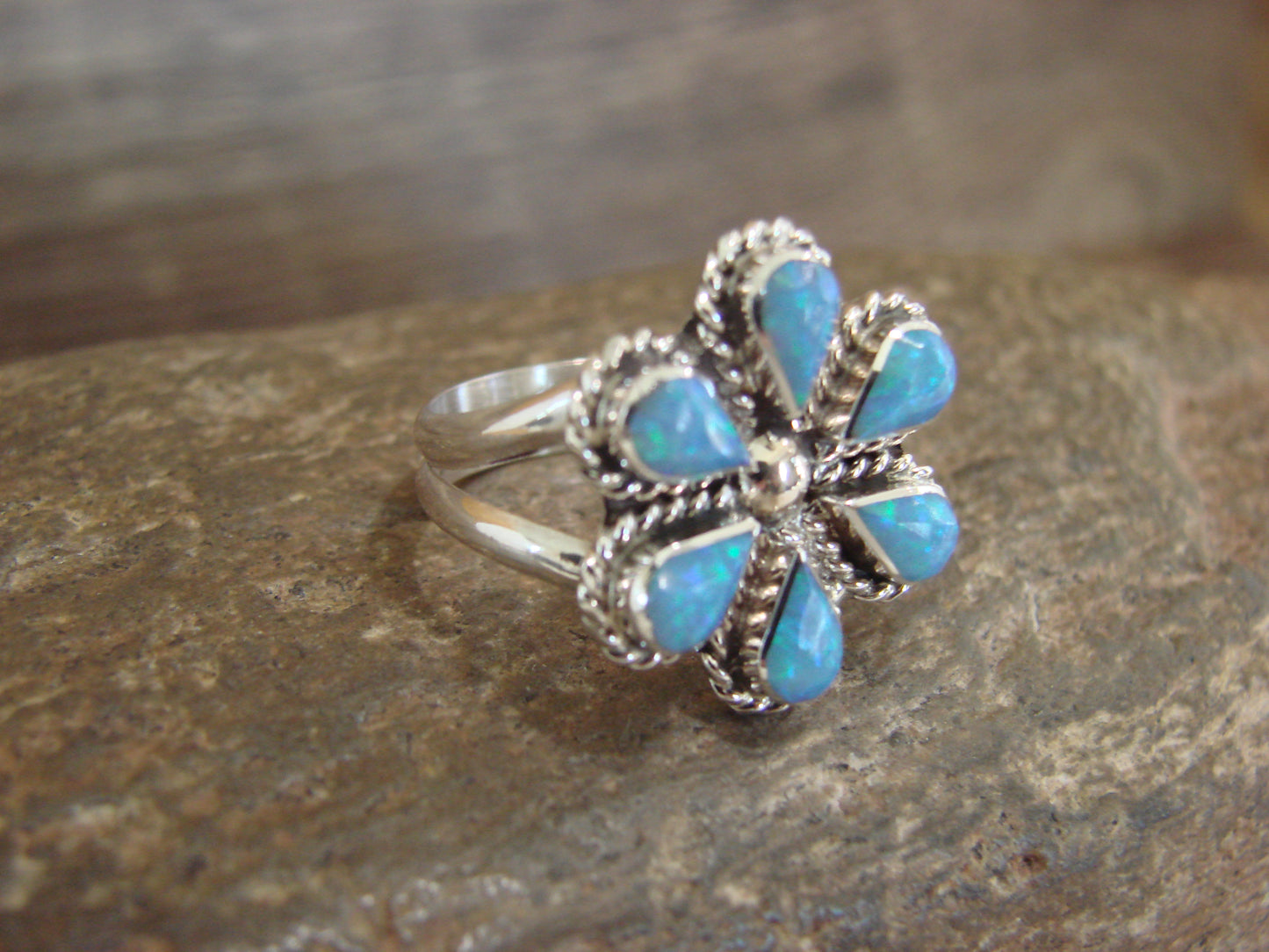 Native American Sterling Silver Blue Opal Inlay Cluster Ring - Dosedo - Size 6