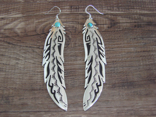 Navajo Sterling Silver Feather & Turquoise Petroglyph Dangle Earrings - Singer