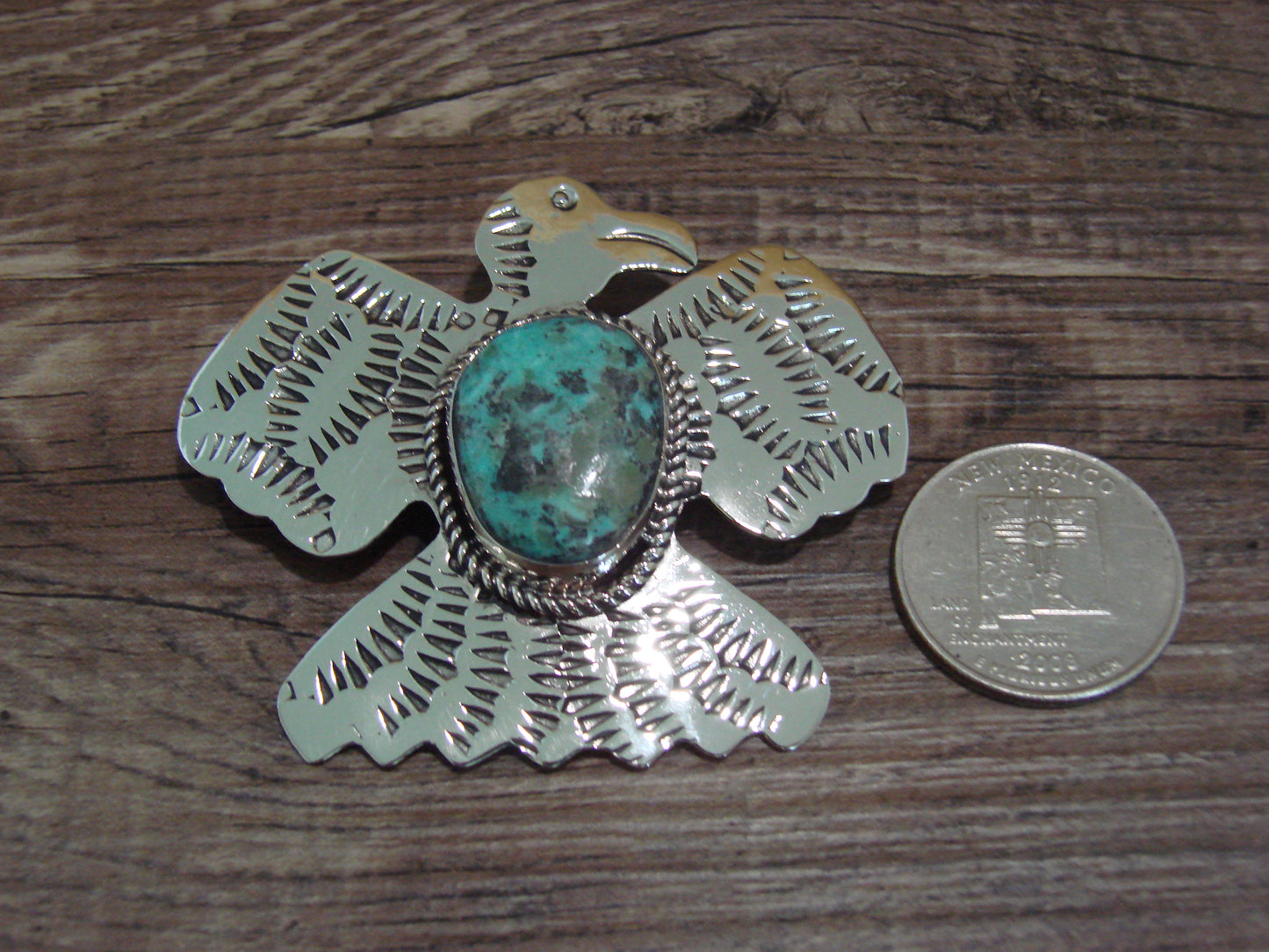 Navajo Indian Nickel Silver & Turquoise Thunderbird Pendant - Cleveland