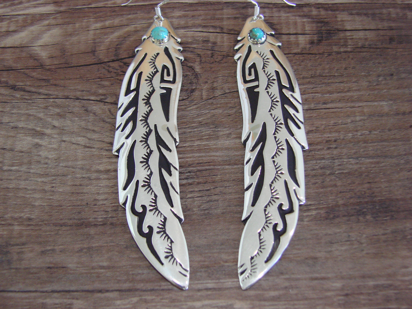 Navajo Sterling Silver Feather & Turquoise Petroglyph Dangle Earrings - Singer