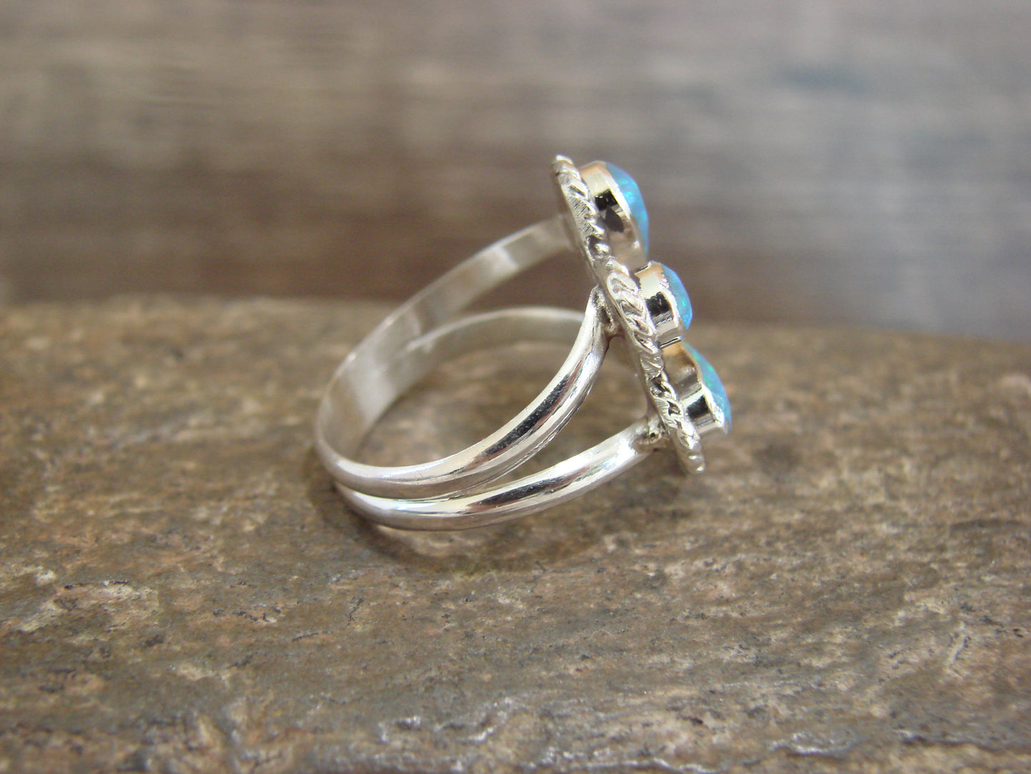 Native American Sterling Silver Blue Opal Inlay Cluster Ring - Dosedo - Size 6