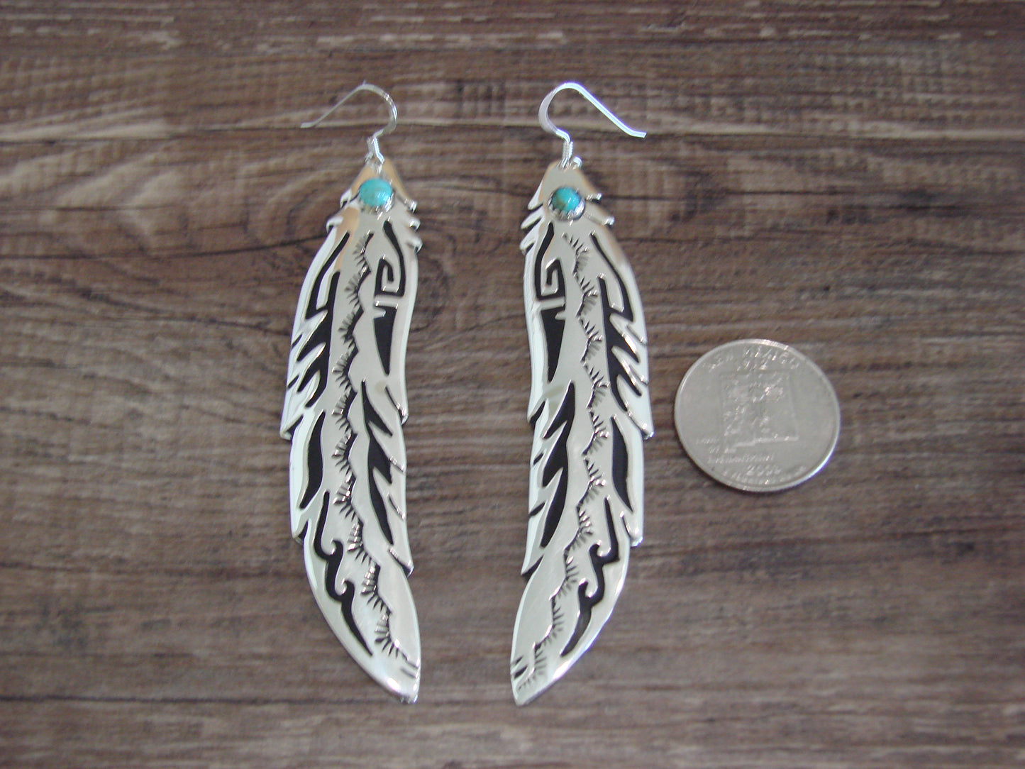 Navajo Sterling Silver Feather & Turquoise Petroglyph Dangle Earrings - Singer