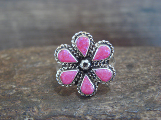 Native American Sterling Silver Pink Opal Inlay Cluster Ring - Dosedo - Size 6