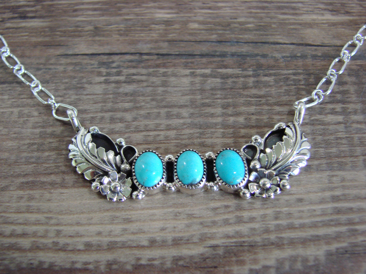 Native American Sterling Silver & Turquoise Floral Link Necklace - Burnside