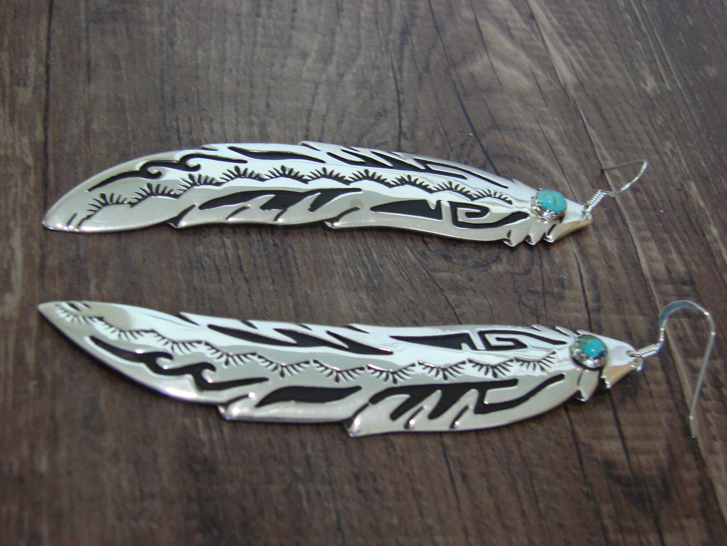 Navajo Sterling Silver Feather & Turquoise Petroglyph Dangle Earrings - Singer