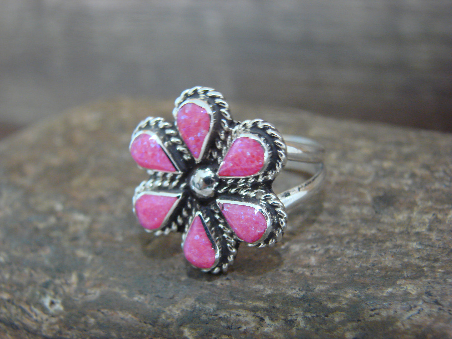Native American Sterling Silver Pink Opal Inlay Cluster Ring - Dosedo - Size 7.5