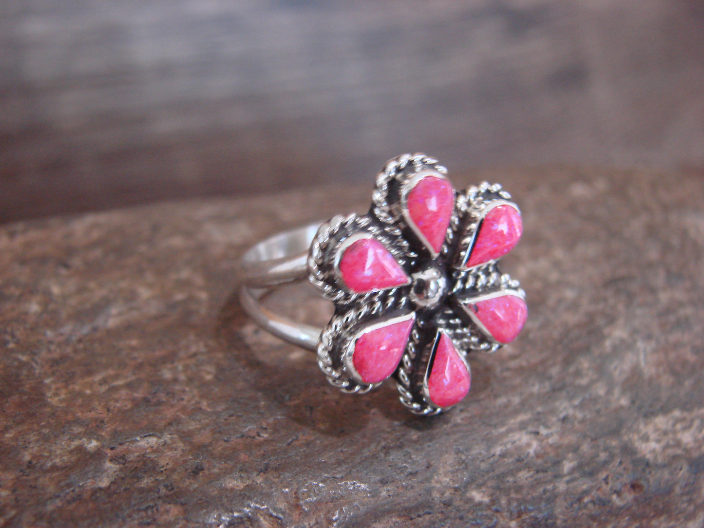 Native American Sterling Silver Pink Opal Inlay Cluster Ring - Dosedo - Size 7.5
