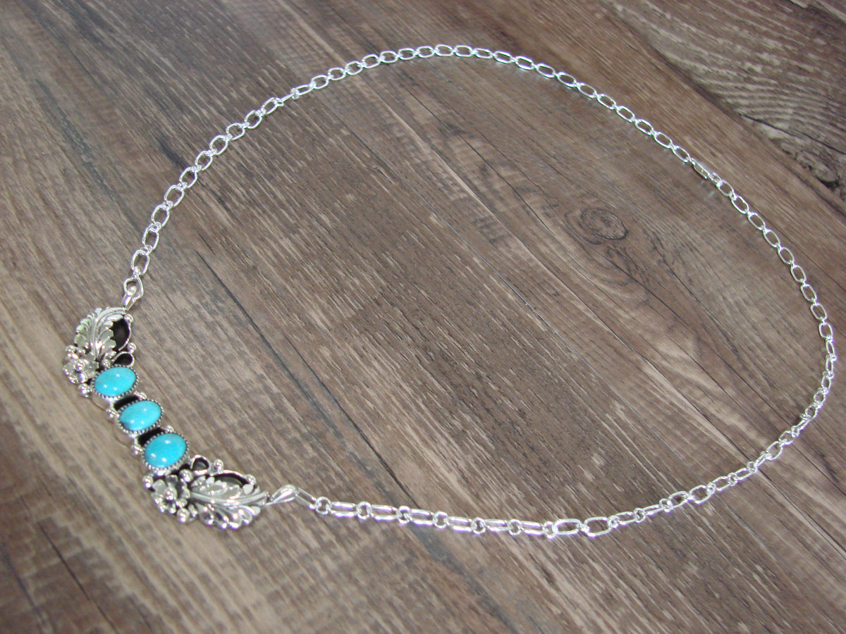 Native American Sterling Silver & Turquoise Floral Link Necklace - Burnside