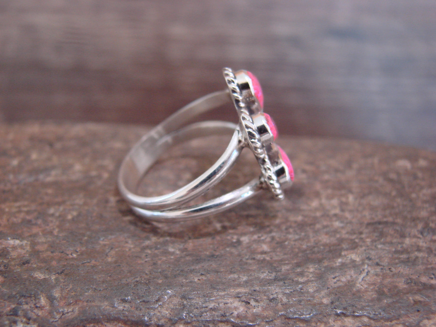 Native American Sterling Silver Pink Opal Inlay Cluster Ring - Dosedo - Size 7.5