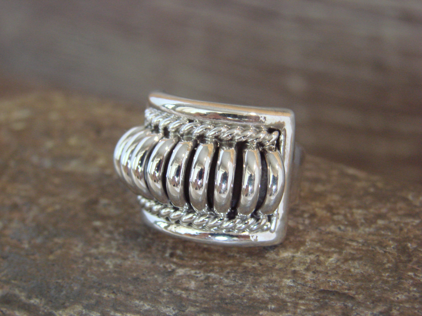 Native American Sterling Silver Ribbed Melon Ring by Thomas Charley - Size 6