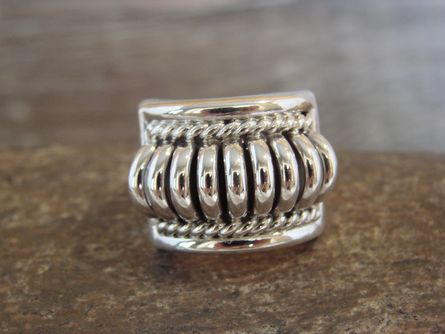 Native American Sterling Silver Ribbed Melon Ring by Thomas Charley - Size 6