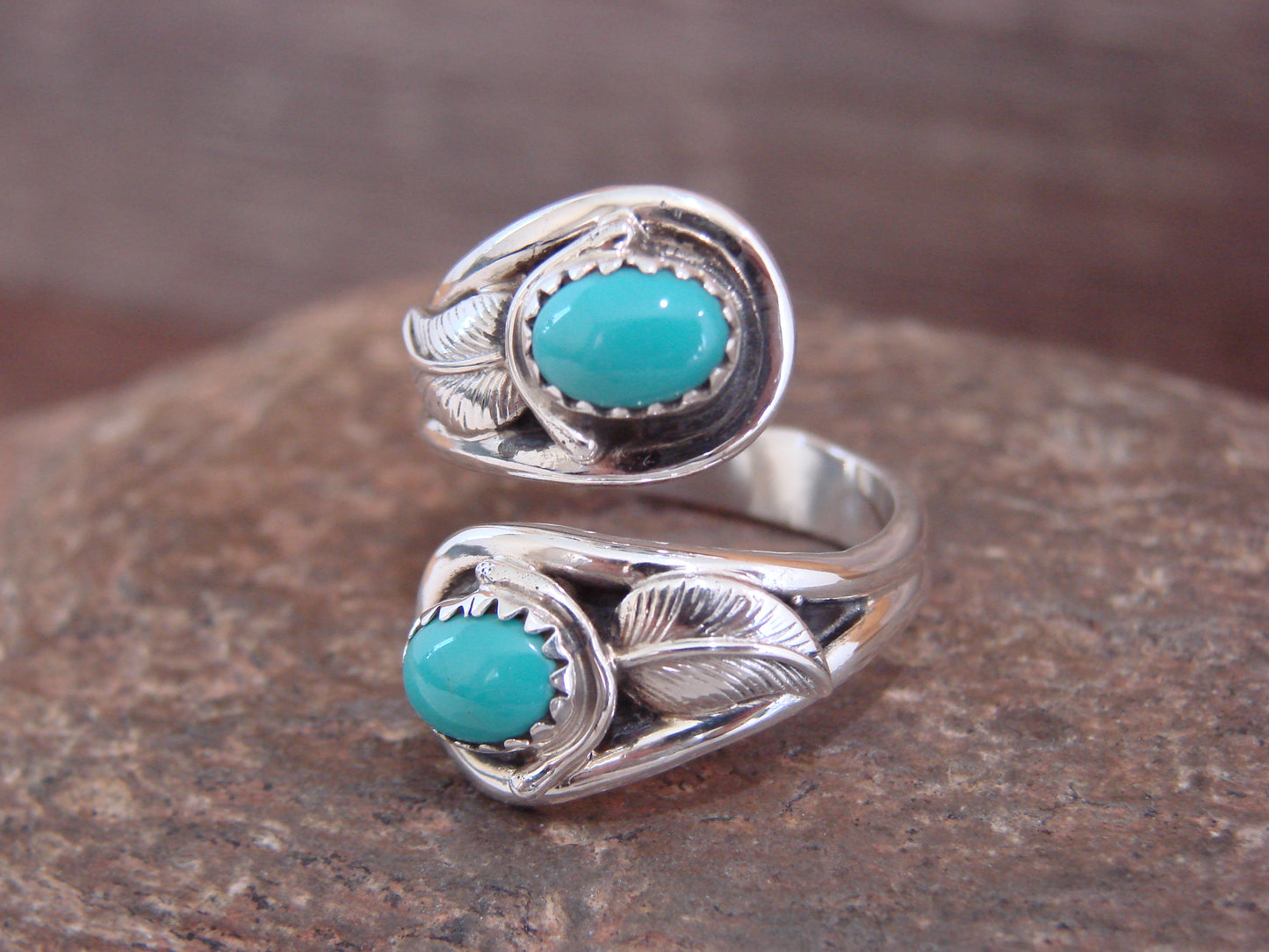 Native American Sterling Silver Feather & Turquoise Adjustable Ring by Francisco