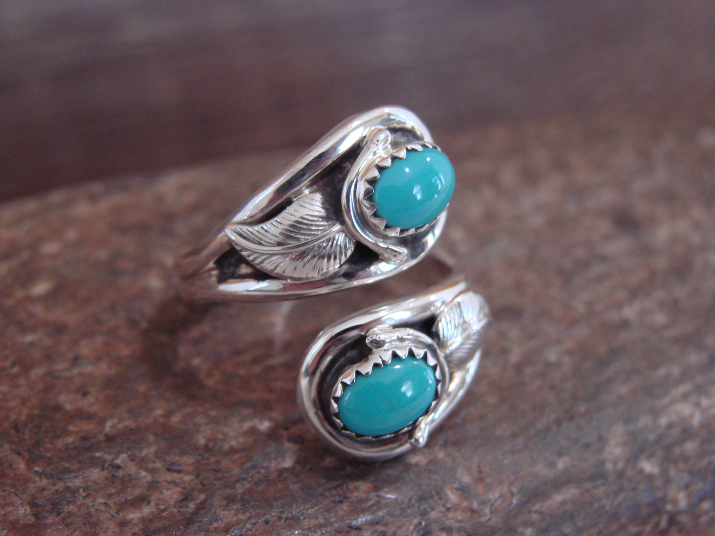 Native American Sterling Silver Feather & Turquoise Adjustable Ring by Francisco