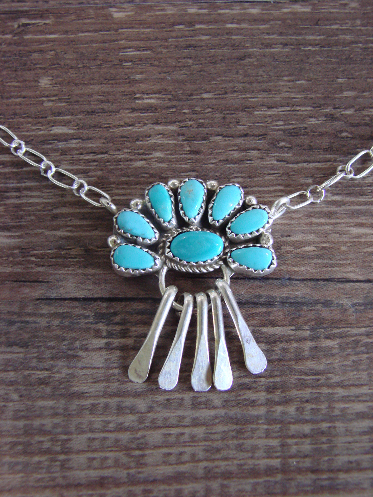 Native American Sterling Silver & Turquoise Cluster Link Necklace - Wilson
