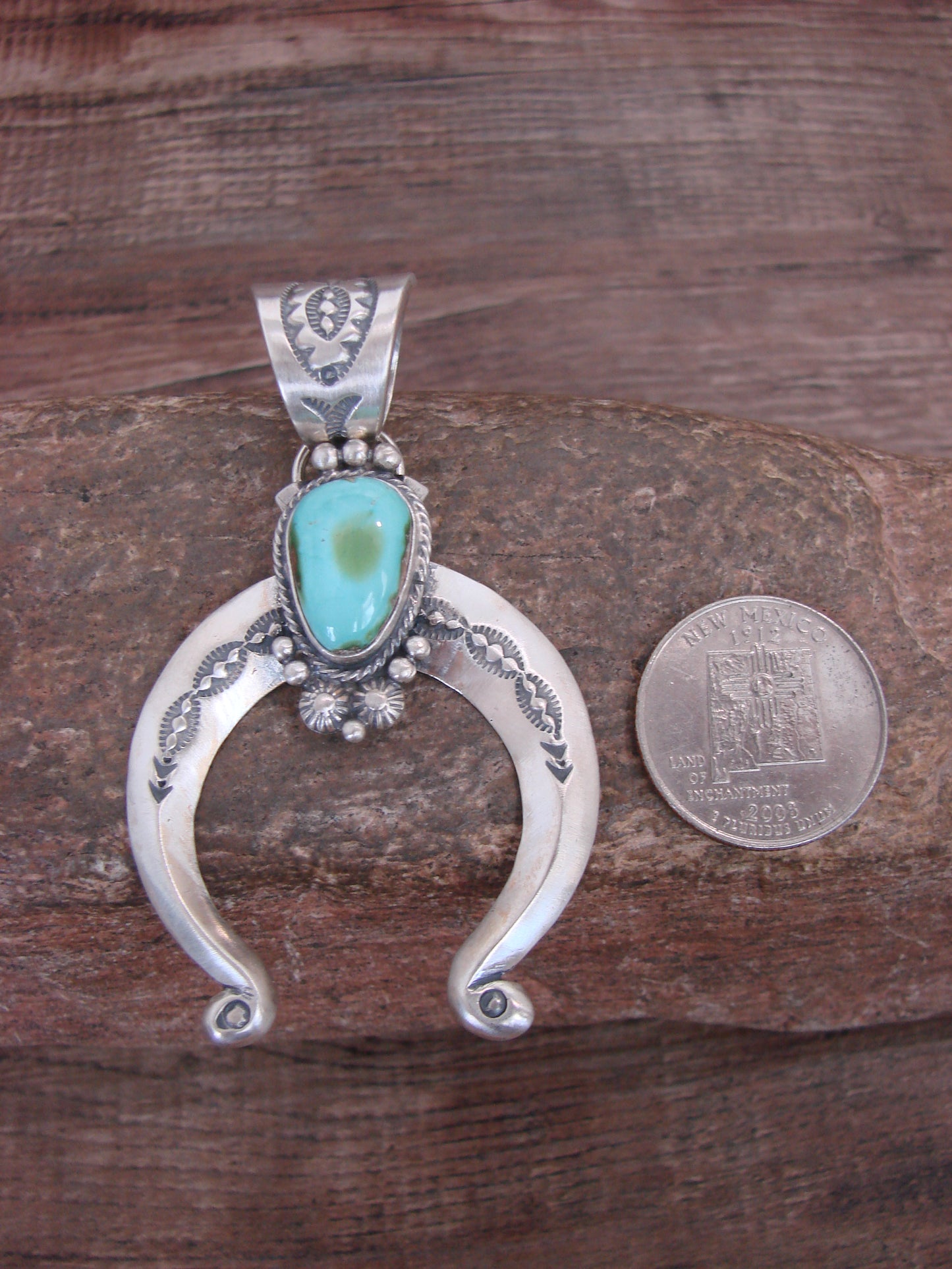 Native American Sterling Silver & Turquoise Naja Pendant Signed Yellowhair