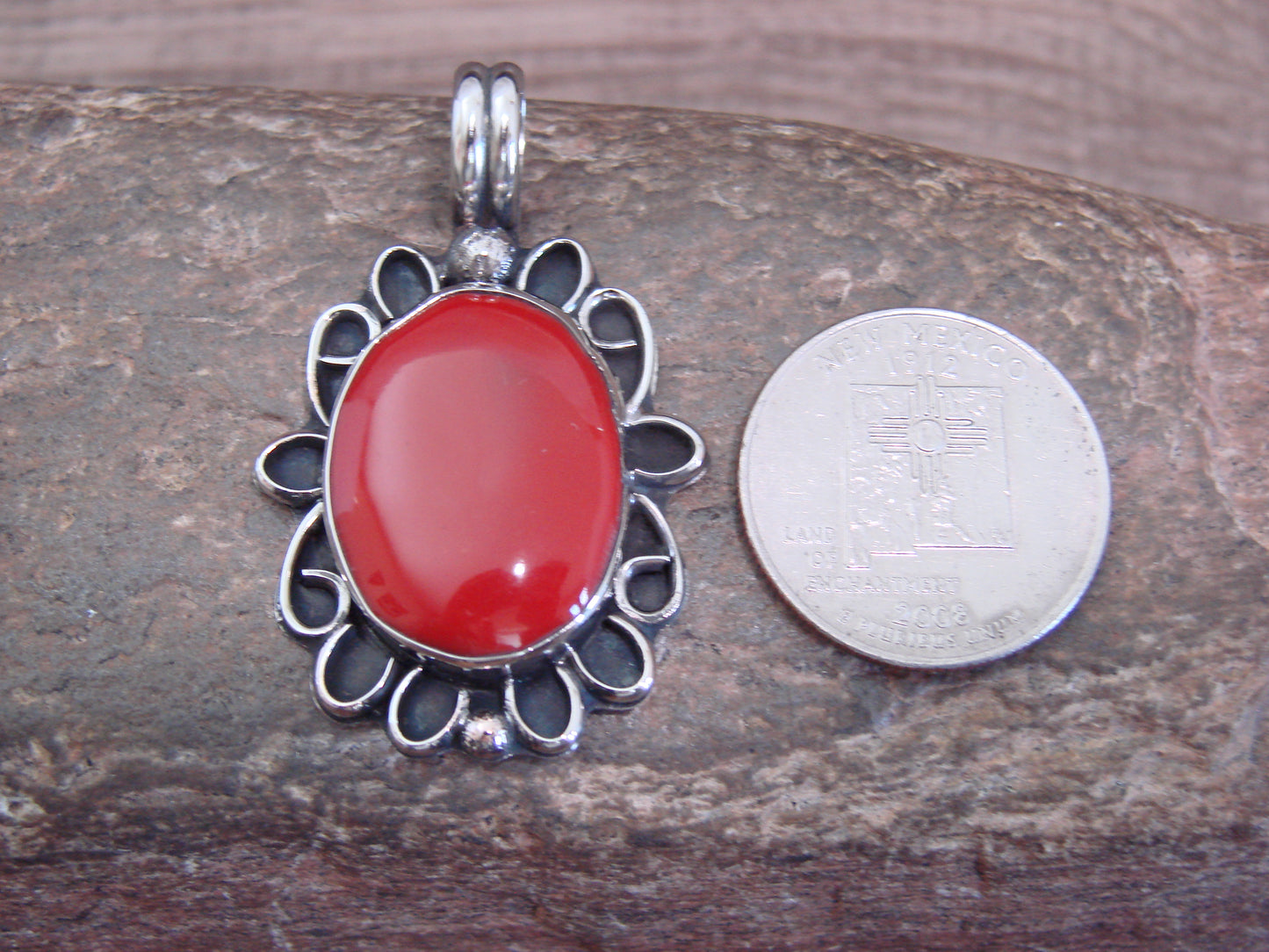 Native American Nickel Silver & Coral Pendant - Cleveland